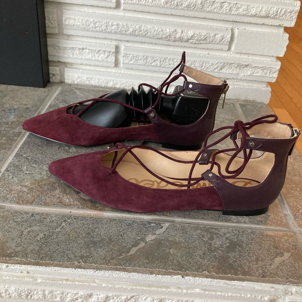 EUC Sam Edelman Rosie Wine Plum Suede Leather Lace up Flats Back Zip Entry S…